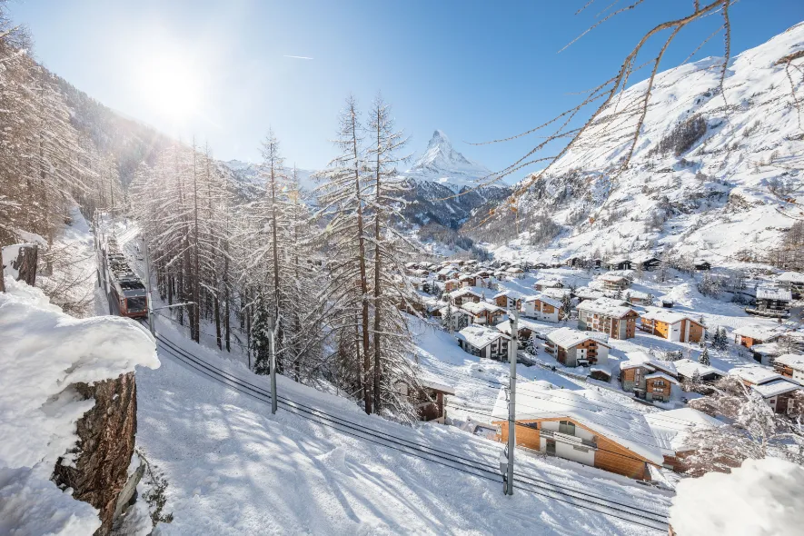 Besneeuwd bos met bergpanorama bij Zermatt